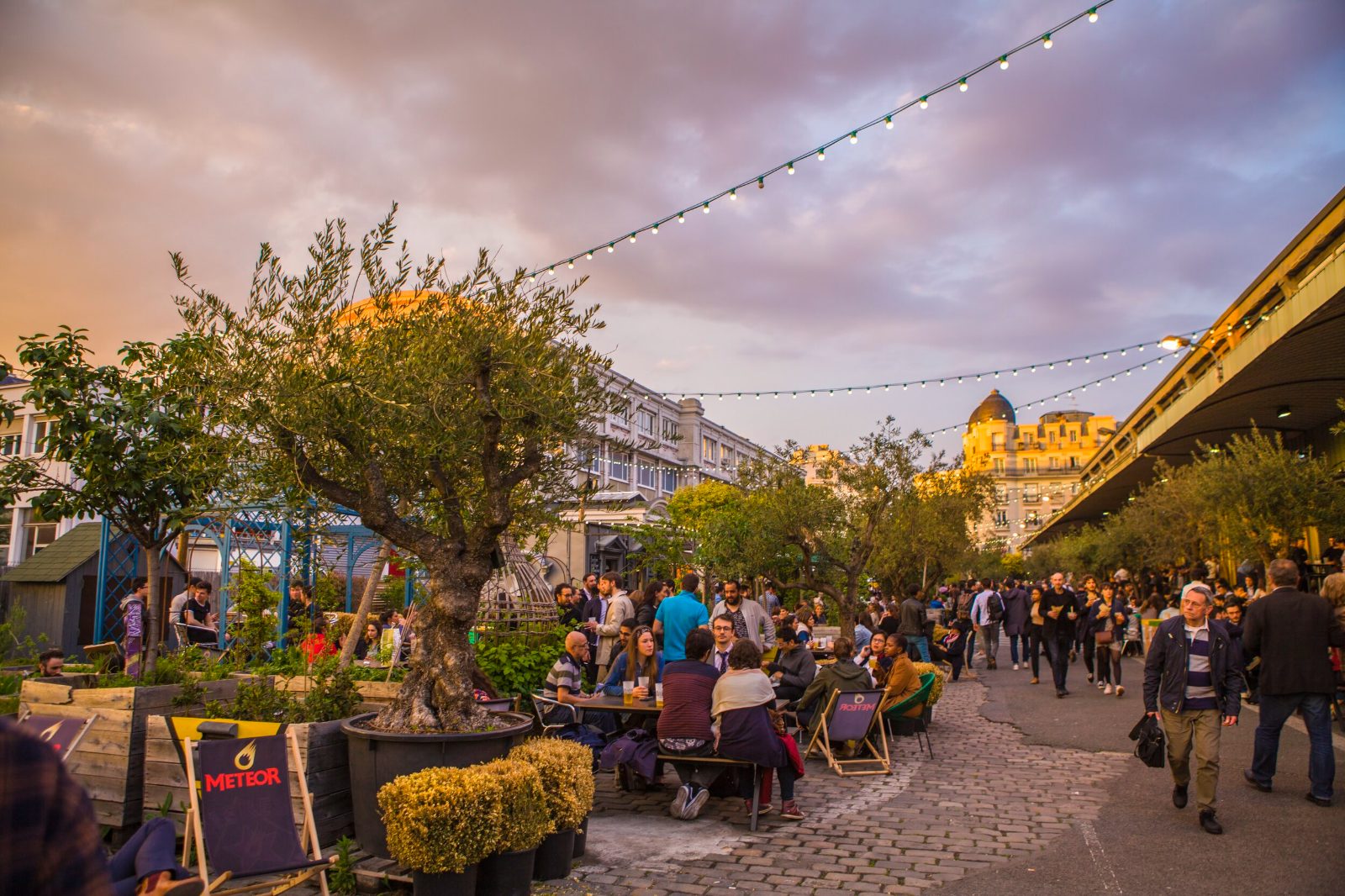 La terrasse de Ground Control, à Paris, à la tombée du jour, avec son olivier et ses guirlandes lumineuses